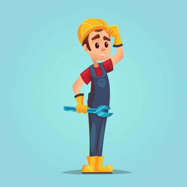 Beyaz Oluşturucu ile ayarlanabilir anahtarı tam uzunlukta karışık işçisi kask ile karıştı. Hata 404 hata soru kavramı vektör çizim karikatür