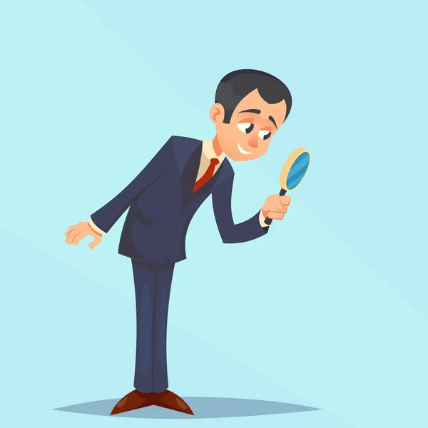Happy Businessman looking through magnifying glass, focusing. Great for presentation vector illustration cartoon. — Stock Vector