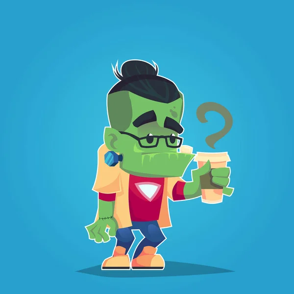 Hipster frankenstein met glazen en koffie grappige monster sticker vectorillustratie cartoon — Stockvector