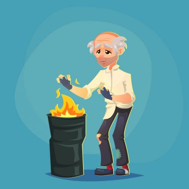 Evsiz serseri zavallı yaşlı adam kendilerini ısınma yetişkin yangın yakınındaki ve izole karikatür tasarlamak vektör sosyal sorun yoksulluk sefalet yardıma ihtiyacım var