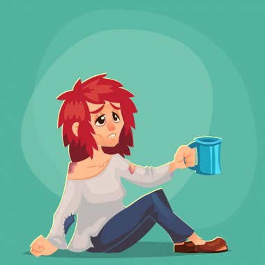 Evsiz serseri zavallı istismar kadın yetişkin para dilenmek ve izole karikatür tasarlamak vektör sosyal sorun yoksulluk sefalet yardıma ihtiyacım var