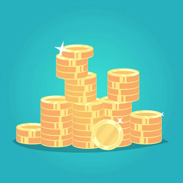 Gran pila apilada de efectivo monedas de oro brillante bolsa de dinero. Vector plano ilustración de dibujos animados — Vector de stock