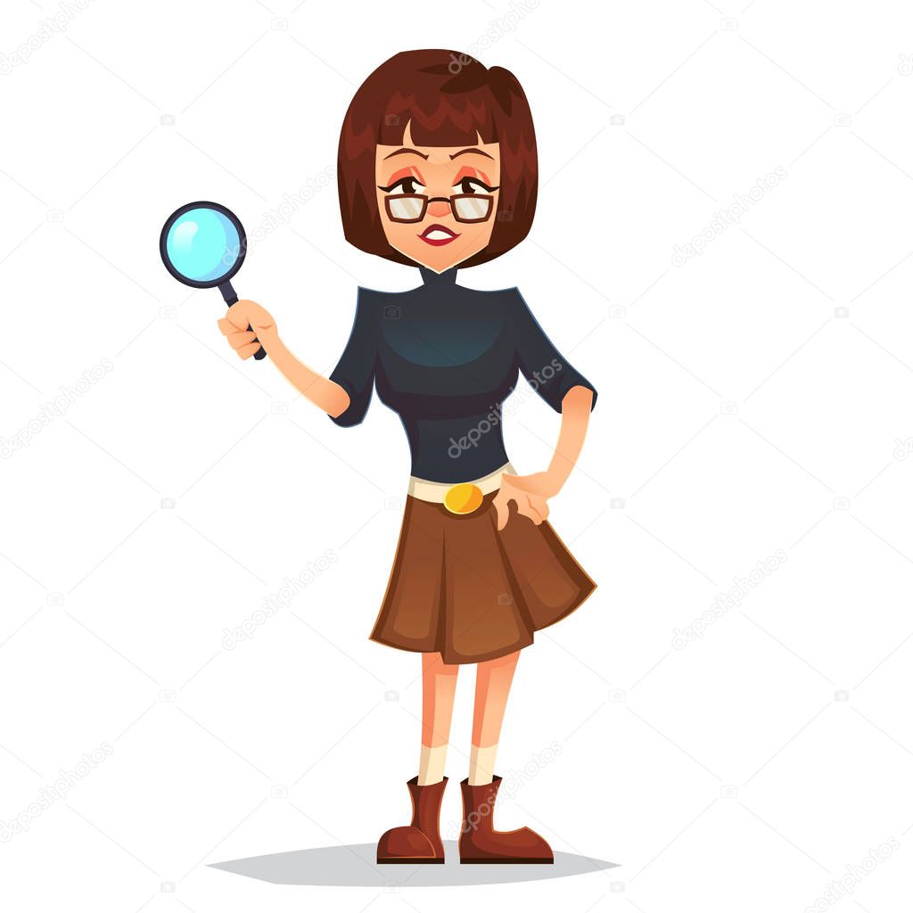 Smiling modern detective woman character with magnifying glass. Vector flat cartoon illustration eps10