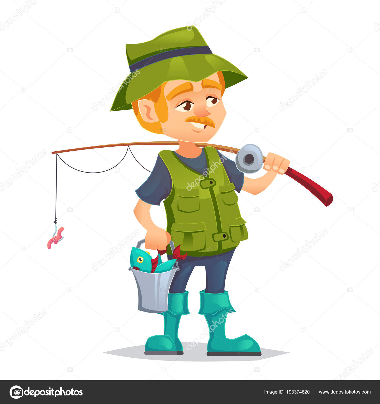 Happy Fisherman Character Hold Bucket Fish Vector Flat Cartoon Illustration  Stock Vector by ©Polly_Grimm 193374820