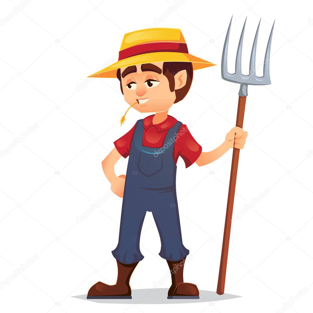 Cute cartoon young guy farmer in straw hat and holding pitchfork isolated on white background. Vector illustration. eps10