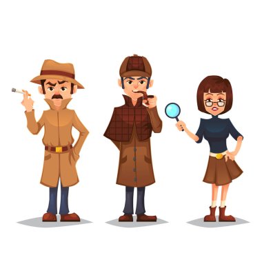 Dedektif karakter adam yasaktır boru noir Dedektif smok sigara tasarımını, Büyüteç Camı karikatür düz stil, vektör renk illüstrasyon kadınla casus ayarla