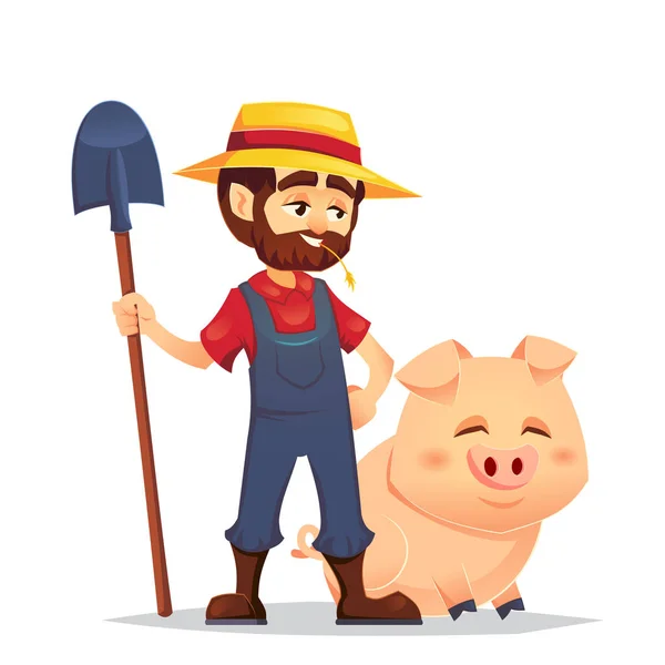 Mignon dessin animé joyeux mâle mature jeune homme agriculteur dans un chapeau de paille et tenant pelle avec porc domestique heureux isolé sur fond blanc. Illustration vectorielle . — Image vectorielle