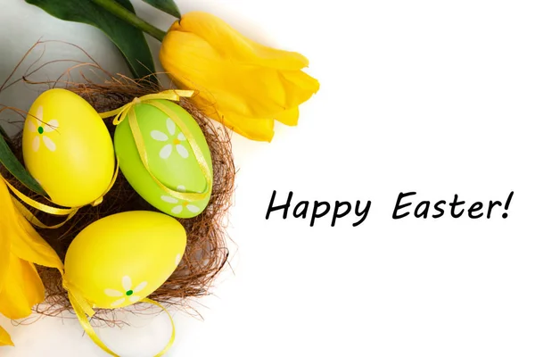 Húsvét színes tojások sárga tulipánok — Stock Fotó