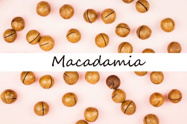 Pembe arka planda soyulmuş macadamia fındığı yok..