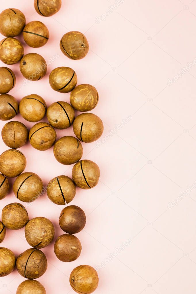 Raw not peeled macadamia nuts on pink background.