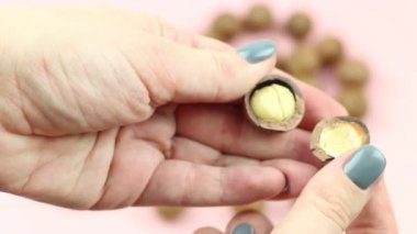 Pembe arka planda soyulmamış iki el çiğ macadamia fındığı ve özel bir enstrüman. Sağlıklı yiyecekler. Protein kaynağı. Yukarıdan görüntüle.