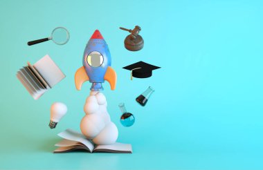 Roket motoru kitapların doğrudur. 3D render ve Illustrator.