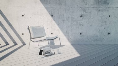 Tarafsız iç kadife koltuk kitap telefonu boş beyaz duvar arka plan ile. 3D render.