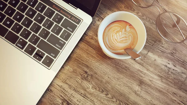 Computerbild Kaffeetasse ruht auf einem Holzboden. — Stockfoto