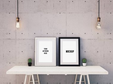 Resim çerçevesi mockup odası iç. 3D render ve illüstrasyon.