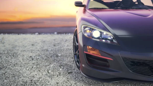 Close-luxus autók, mint a nap határozza a színfalak mögött. — Stock Fotó