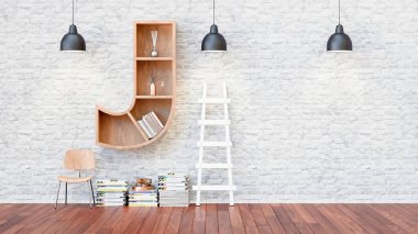 Raflardan bir kitaplıkla bir harf j.