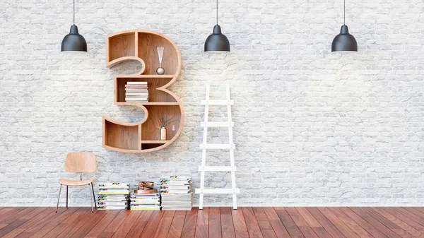 Eine Bibliothek mit Bücherregalen ein Buchstabe 3. — Stockfoto