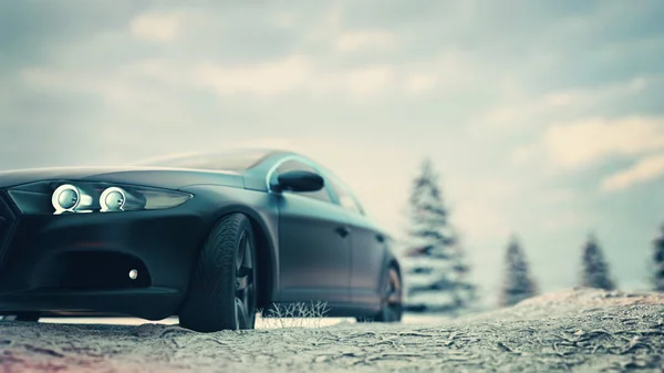 Sports car front There is a winter background. — Stock Photo, Image