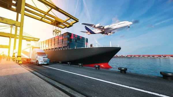 Plane trucks are flying towards the destination with the brighte — Stock Photo, Image