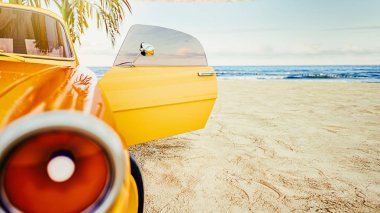 Deniz kenarında park klasik sarı araba.