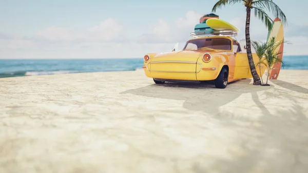 Carro amarelo clássico estacionado junto ao mar . — Fotografia de Stock