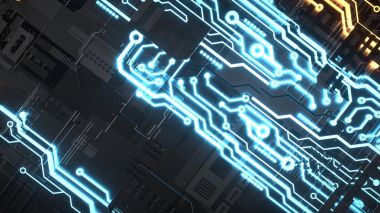 Siyah zemin üzerine altın elektronik devresi.