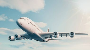 Uçak gökyüzünde. 3D render ve illüstrasyon. Plan