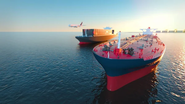 Tanker vracht en vliegtuigen op zee. — Stockfoto