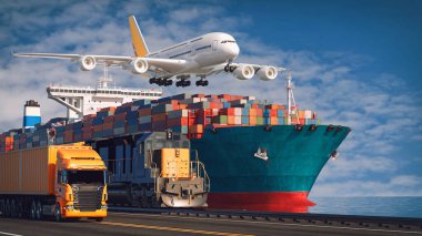 Transportation and logistics of Container Cargo ship and Cargo plane. 3d rendering and illustration. clipart