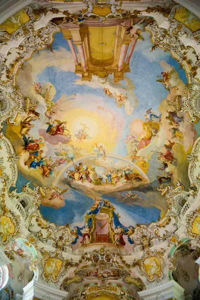 Ceiling in Pilgrimage Church of Wies. Interior view. Bavaria, Germany. — Stock Photo, Image