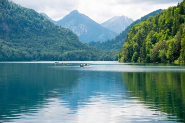 Mavi yeşil orman ve güzel Alps dağlar Alpsee göl. Fussen, Bavyera, Almanya