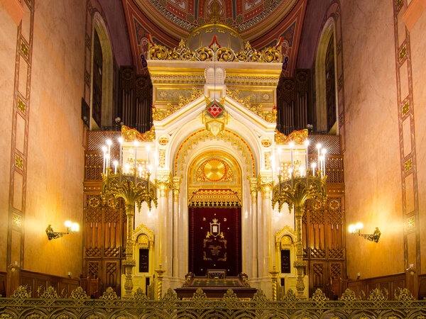 BUDAPEST, HUNGARY - FEBRUARY 21, 2016: Interior of the Great Synagogue in Dohany Street. The Dohany Street Synagogue or Tabakgasse Synagogue is the largest synagogue in Europe. Budapest, Hungary.