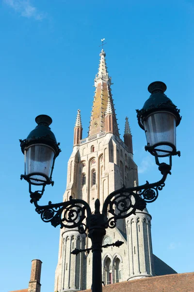 Tornet Kyrkan Our Lady Den Historiska Stadskärnan Brygge Belgien — Stockfoto