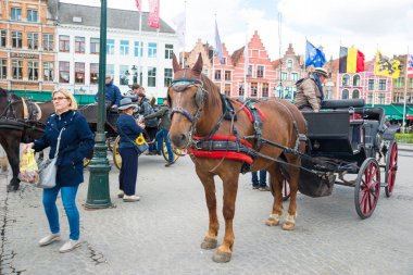 Bruges, Belçika-17 Nisan 2017: Belçika 'nın Brugge kentinde Grote Markt meydanında at arabası.