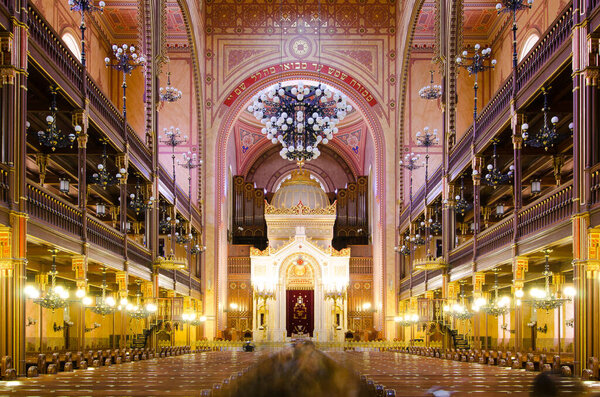 BUDAPEST, HUNGARY - FEBRUARY 21, 2016: Interior of the Great Synagogue in Dohany Street. The Dohany Street Synagogue or Tabakgasse Synagogue is the largest synagogue in Europe. Budapest, Hungary.