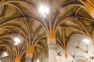 BUDAPEST, HUNGARY - 23 Şubat 2016: Budapeşte 'deki Vajdahunyad şatosunun içi. Salonlardan birinde Tarım Müzesi 'nin bir sergisi var..