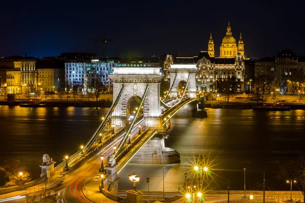 Budapest Hungría Febrero 2016 Hermosa Noche Budapest Puente Cadena Sobre — Foto de Stock