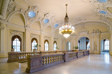 BUDAPEST, HUNGARY - 23 Şubat 2016: Vajdahunyad Kalesi 'ndeki Macar Tarım Müzesi' nin üst katının iç işleri.