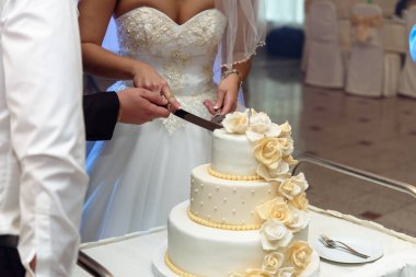  Gelin ve damat düğün pastasını kesiyor