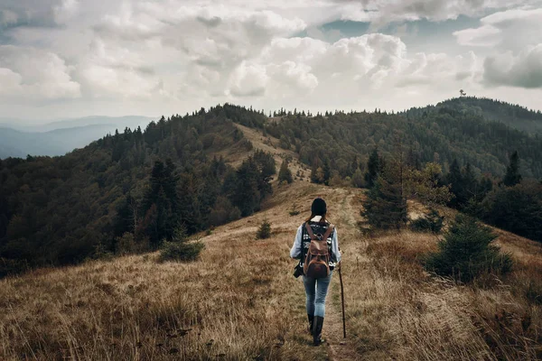 Viajero hipster en la cima de las montañas — Foto de Stock