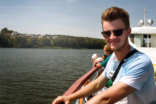 Hipster man sailing on a boat , — стоковое фото