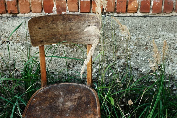 Cadeira de madeira velha e grama — Fotografia de Stock