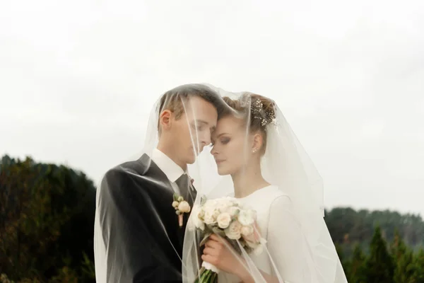 Braut und Bräutigam umarmen sich — Stockfoto