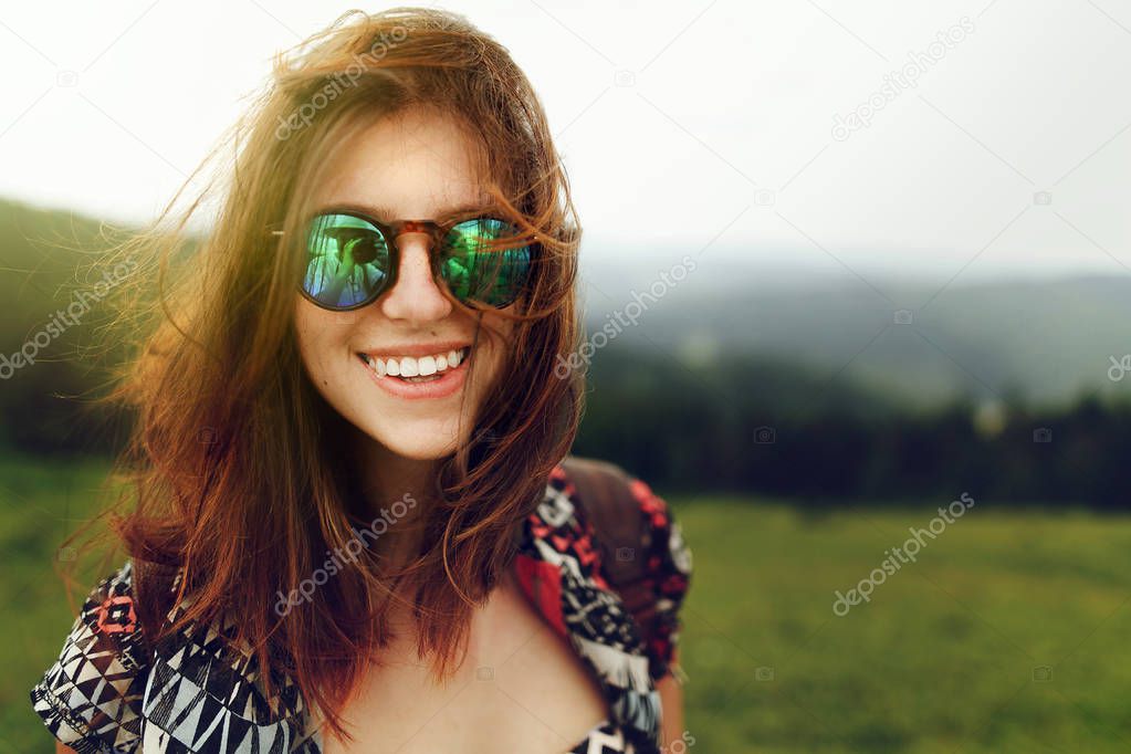stylish hipster woman traveler