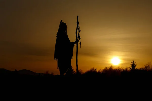 Silhouette of native american shaman — Stock Photo, Image