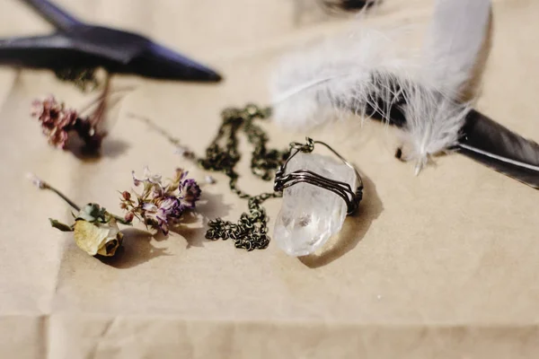 Crystal necklace, feather, and dried flowers — Stock Photo, Image