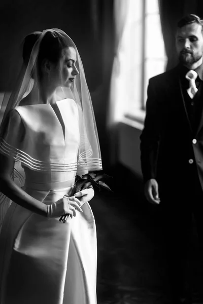 Невеста нежно смотрит под покрывалом — стоковое фото