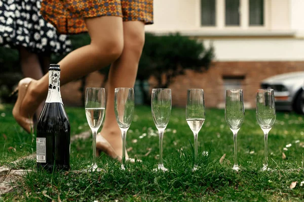 Copos elegantes e garrafa de champanhe — Fotografia de Stock