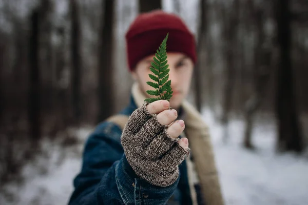 Voyageur tenant une fougère verte — Photo